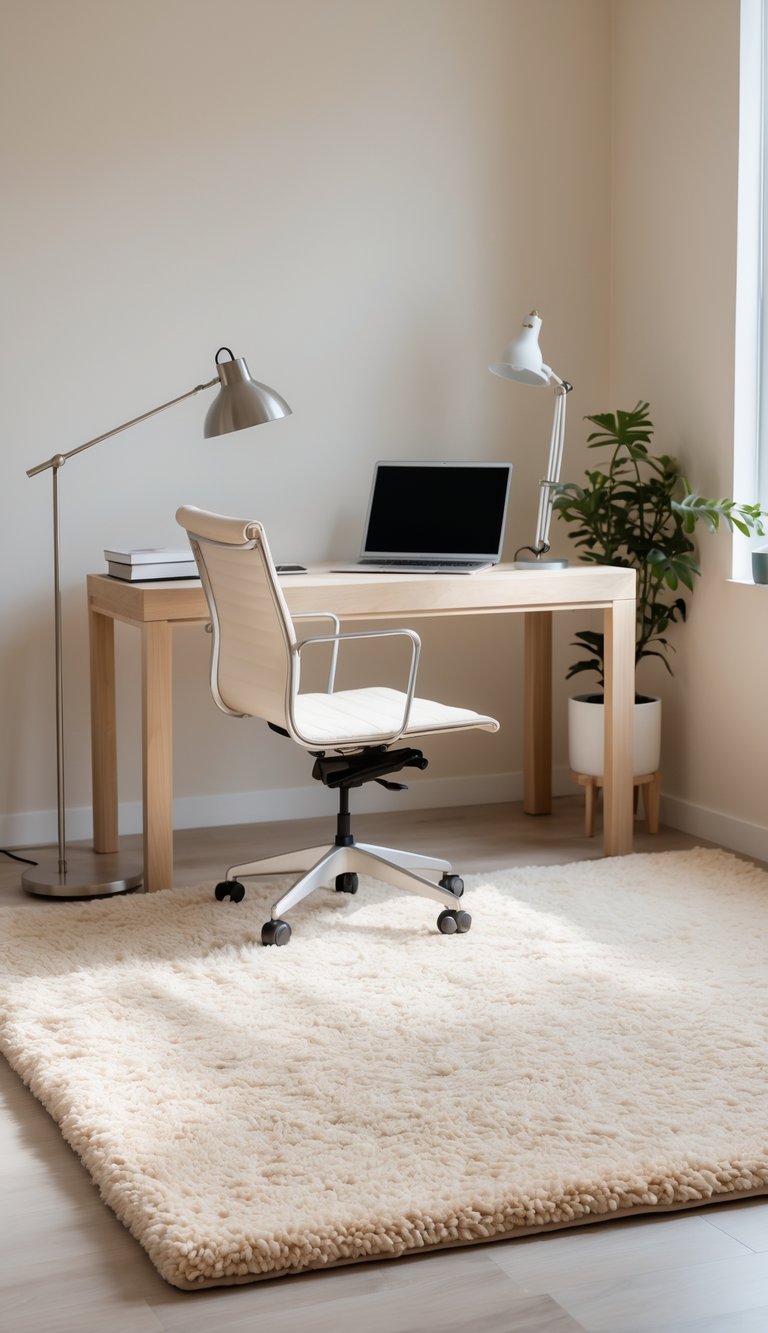 A calm home office with a pale sand-colored cotton rug under a wooden desk, a laptop, a chair, and a small potted plant.