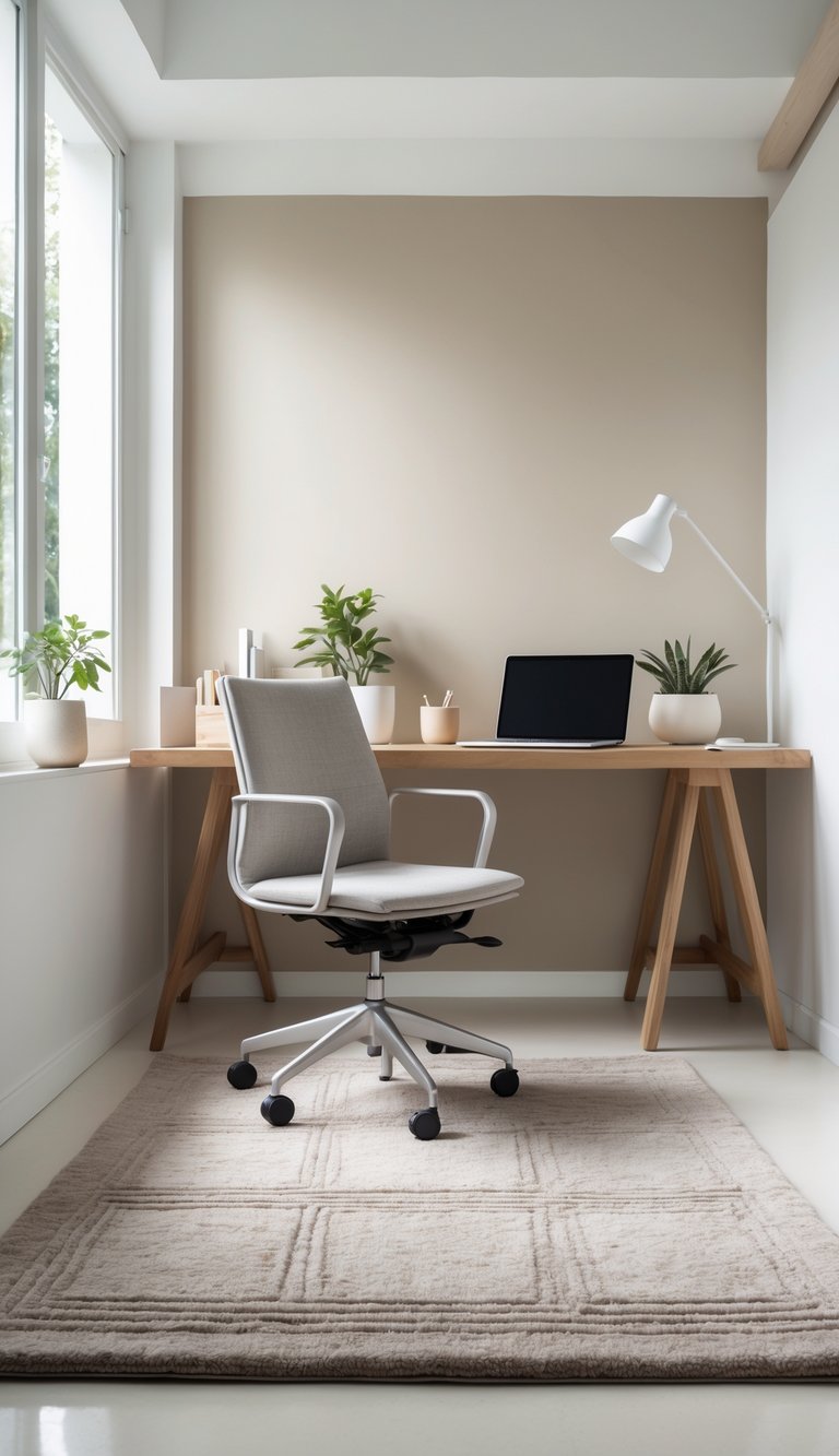 A calm home office with a muted stone-colored rug, a wooden desk, laptop, chair, and a small plant.