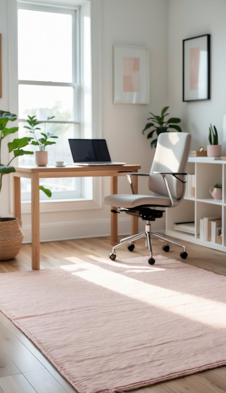A calm home office with a wooden desk, laptop, chair, potted plant, and a blush-toned rug on the floor.