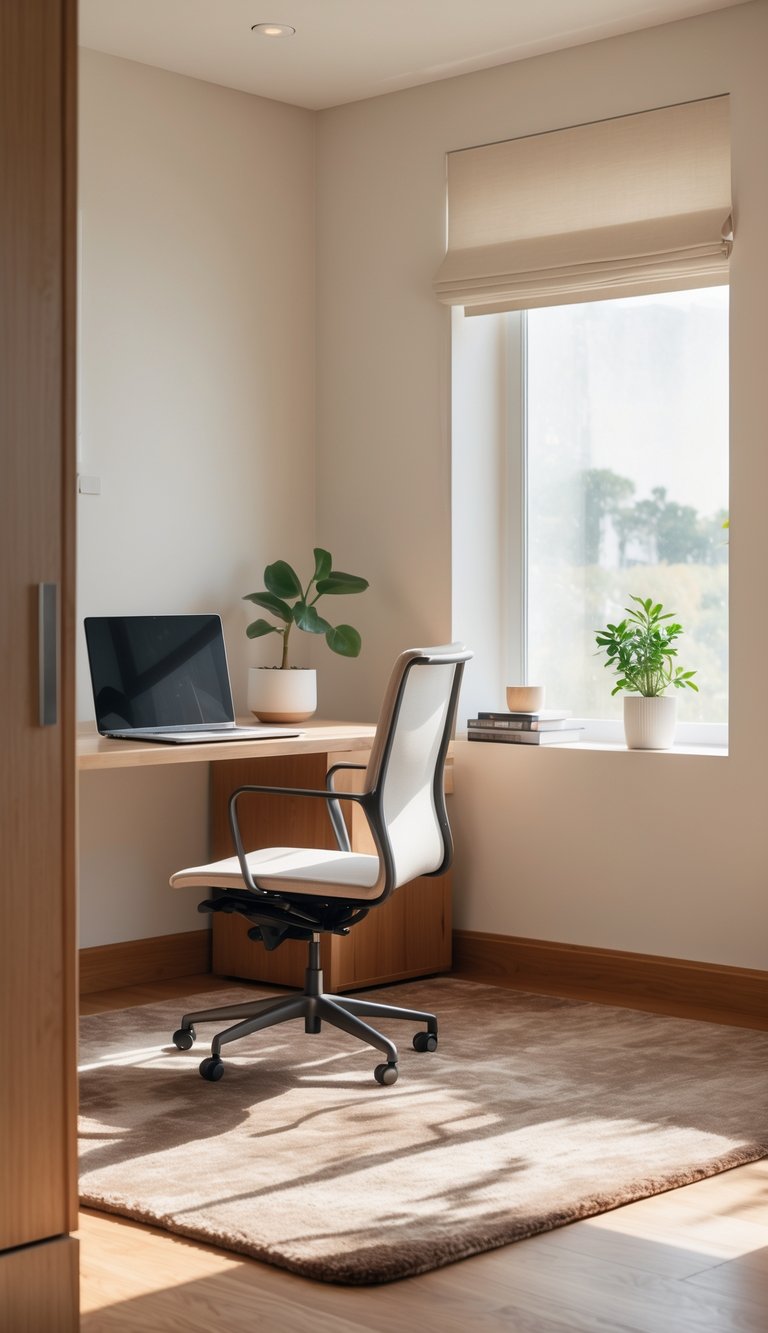 A calm home office with a wooden desk, ergonomic chair, light mocha rug, and natural light coming through a window.