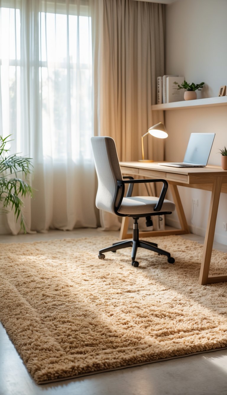A home office with a warm oatmeal-colored rug, wooden desk, laptop, chair, and natural light coming through a window.