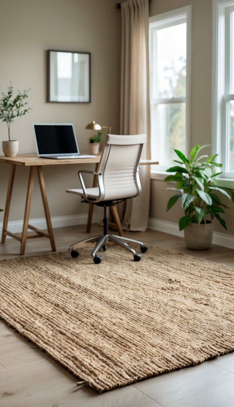 A calm home office with a wooden desk, ergonomic chair, potted plant, and a textured woven rug on the floor.