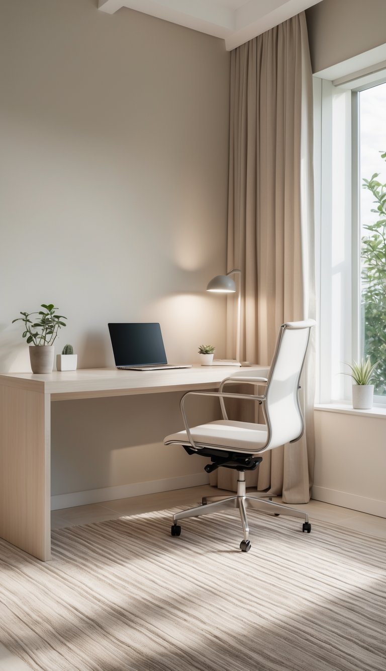 A calm home office with a wooden desk, laptop, ergonomic chair, subtle striped neutral rug, and natural light from a window.
