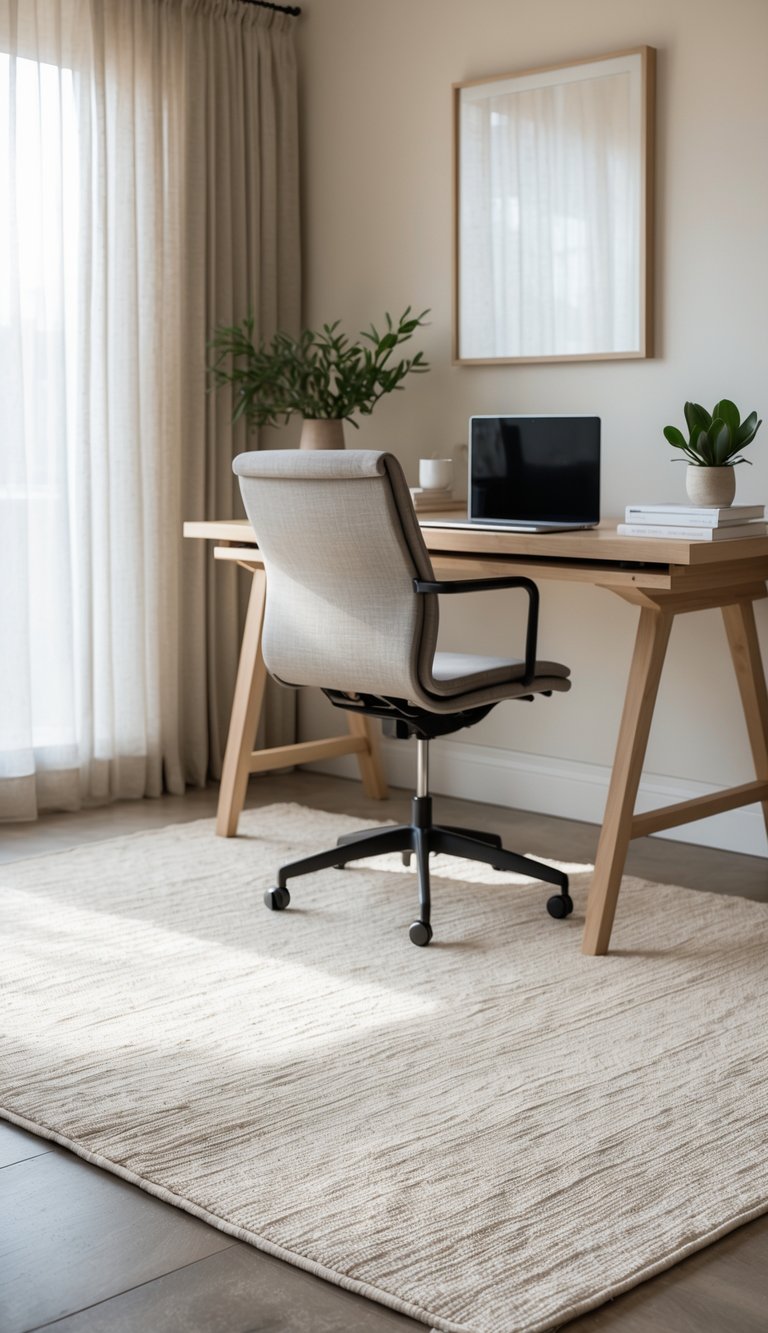 A home office with a wooden desk, laptop, ergonomic chair, soft neutral-colored rug on the floor, a small plant, and natural light coming through a window.