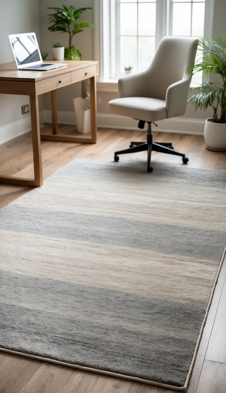 A calm home office with a wooden desk, ergonomic chair, potted plant, laptop, and a warm gray-beige rug on a hardwood floor.