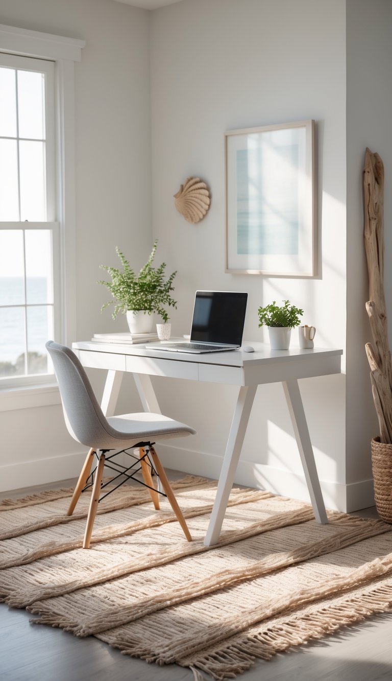 A calm home office with a light driftwood rug, a desk with a laptop and a small plant, and soft natural lighting.