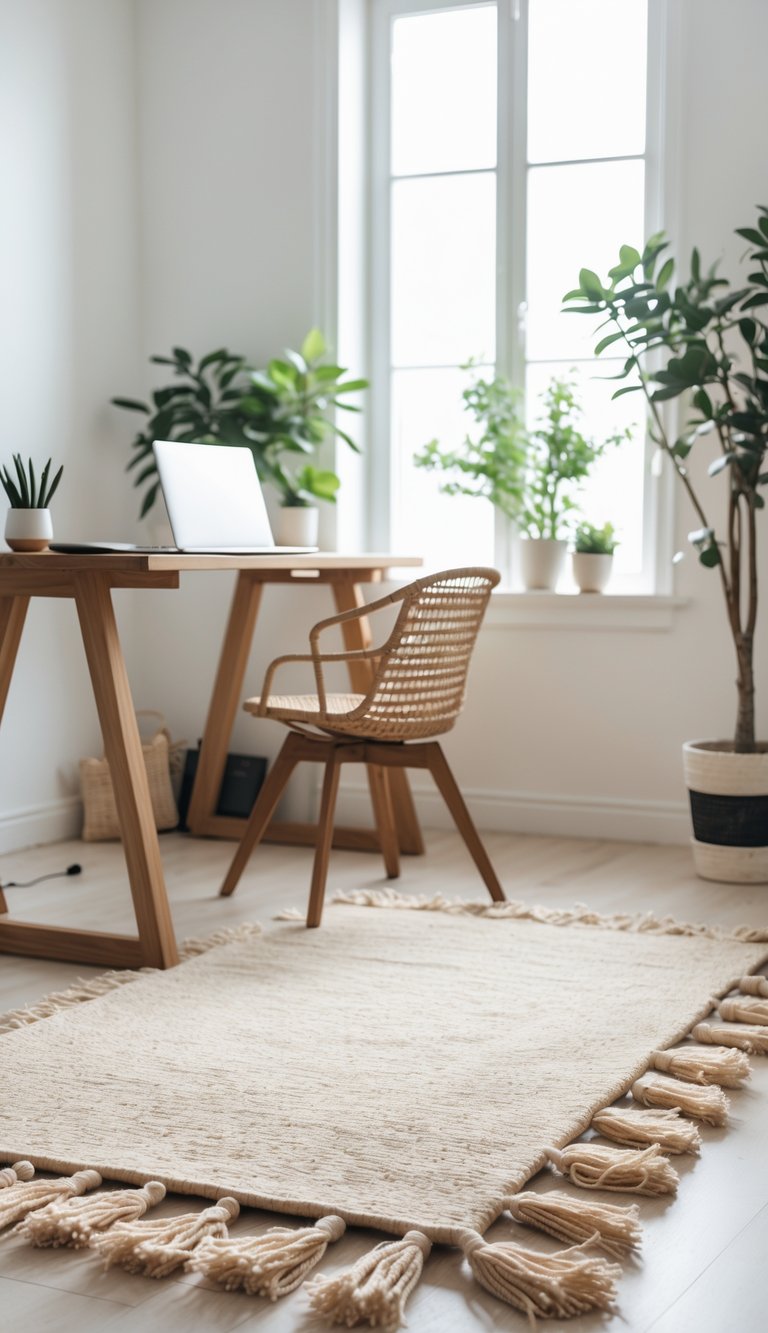 A calm home office with a natural wool rug with tassels under a wooden desk with a laptop and a small plant.