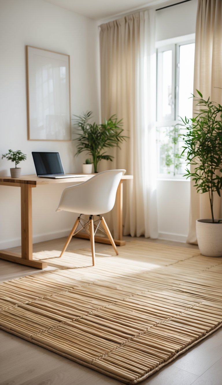 A home office with a beige bamboo rug on the floor, a wooden desk with a laptop, an ergonomic chair, and a small plant near a window with natural light.
