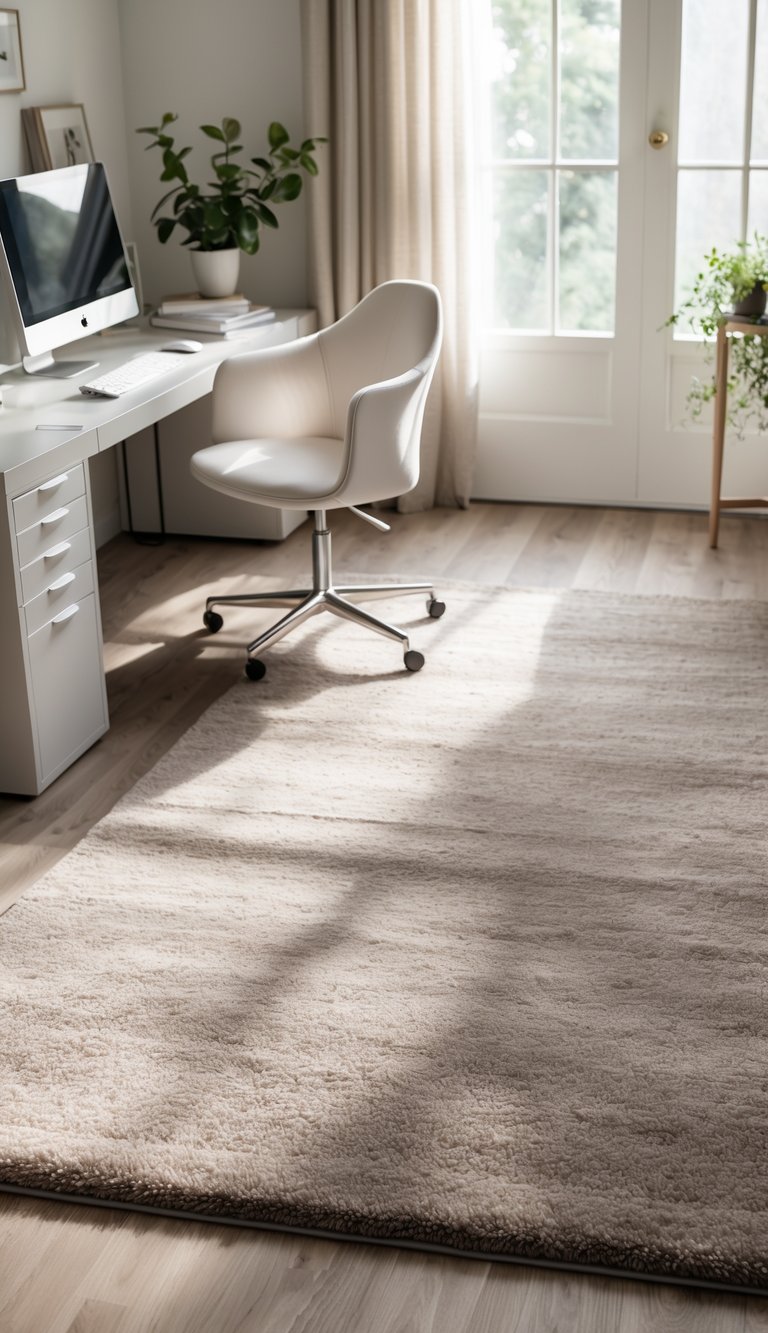 A calm home office with a light mushroom-colored rug, a desk with a computer, a chair, and natural light coming through a window.