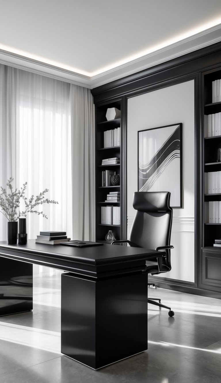 A spacious home office with a black desk, ergonomic chair, bookshelf, and large windows letting in natural light.