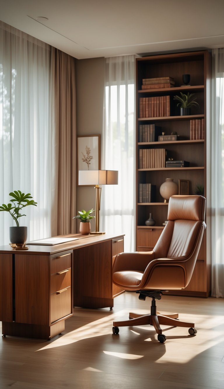 A well-lit home office with a wooden desk, leather chair, bookshelf, and decorative items arranged neatly.