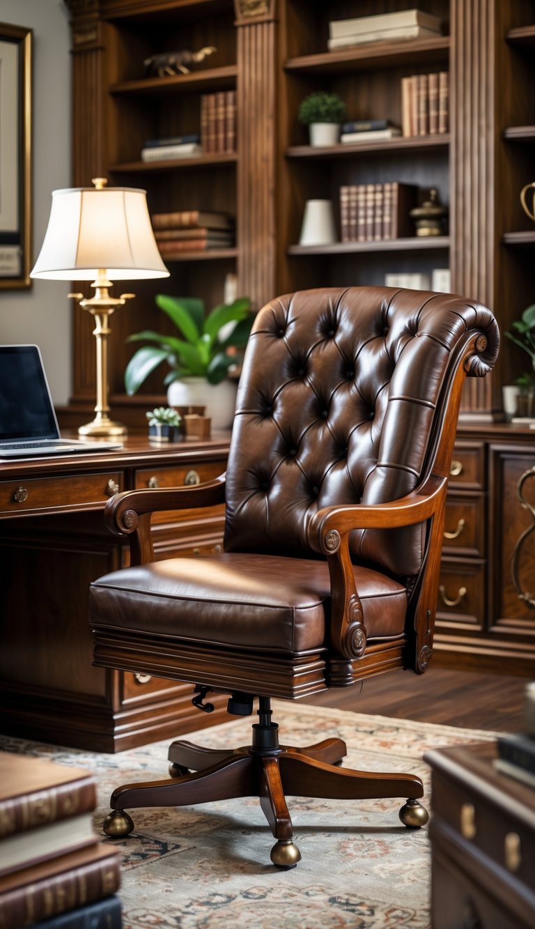 A vintage leather executive chair in front of a wooden desk in a well-appointed home office with bookshelves and warm lighting.