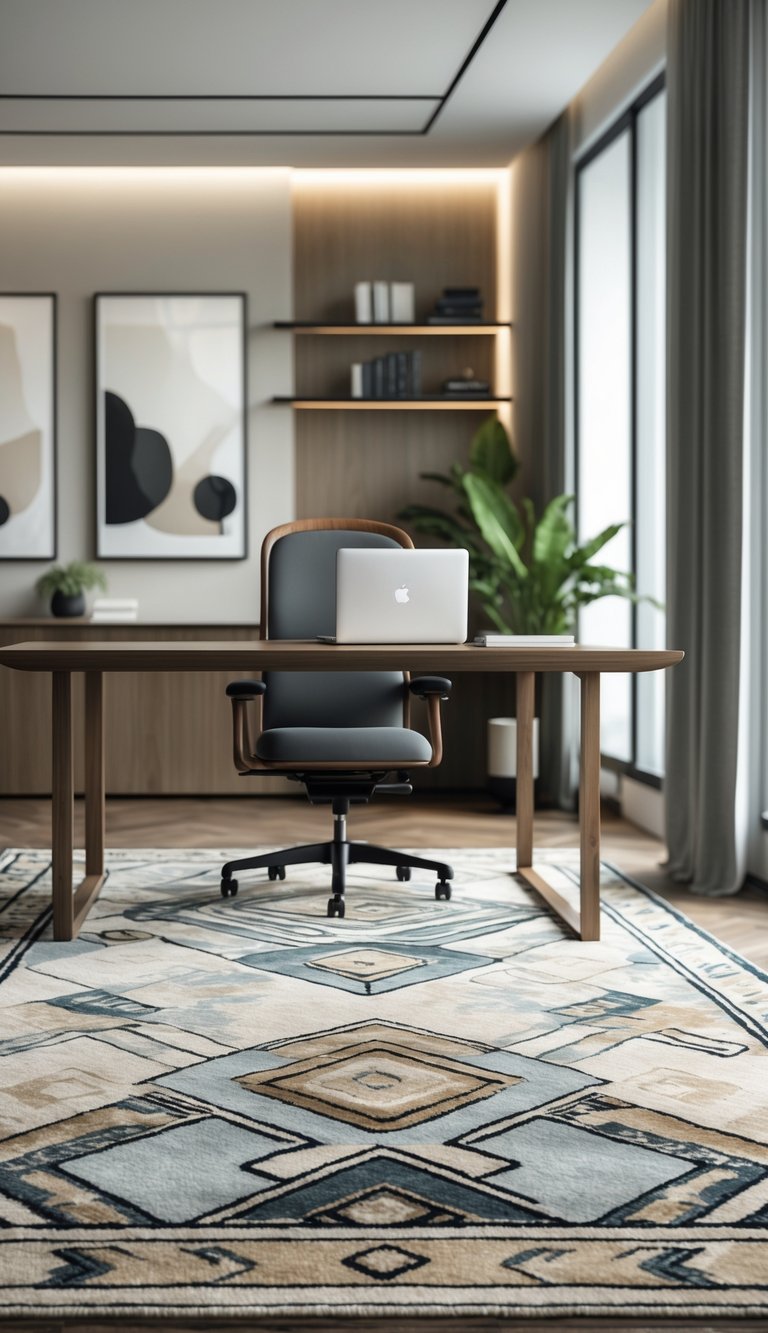 A modern home office with a geometric patterned rug, wooden desk, laptop, ergonomic chair, shelves with books, and plants near large windows.