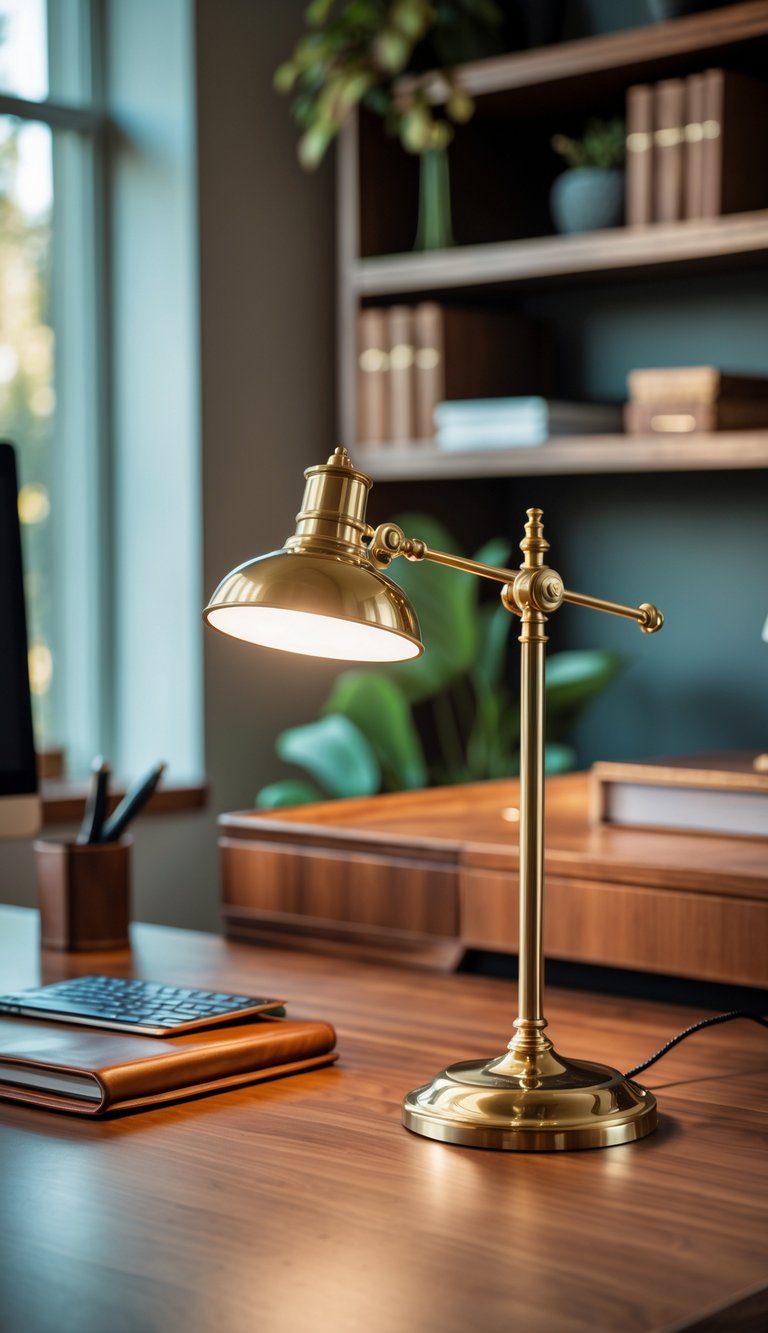 A brass desk lamp with an adjustable arm on a wooden desk surrounded by office accessories in a home office.