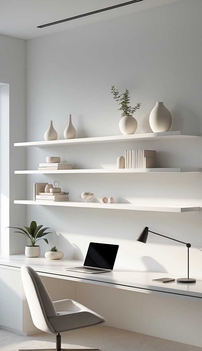 A clean home office with floating shelves holding decorative items above a modern desk and chair, illuminated by natural light.
