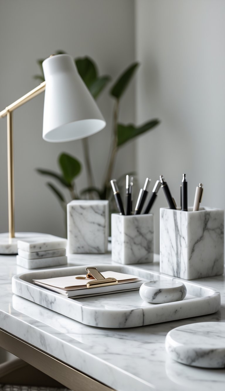 A marble desktop with matching marble office accessories including pen holders, a paperweight, and a tray, arranged neatly on a white desk with a lamp and a small plant in the background.