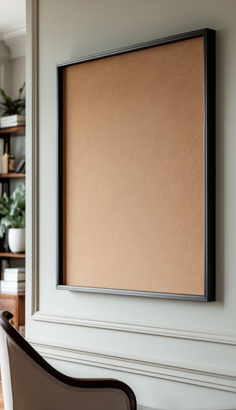 Wall-mounted cork board with a sleek frame in a home office setting with elegant furniture and soft natural lighting.