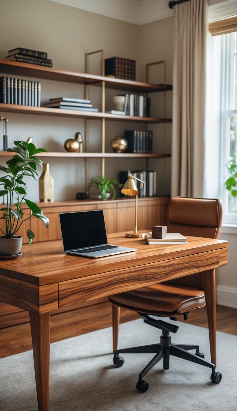 A natural wood writing desk in a home office with a laptop, notebook, desk lamp, plant, bookshelves, and an ergonomic chair.