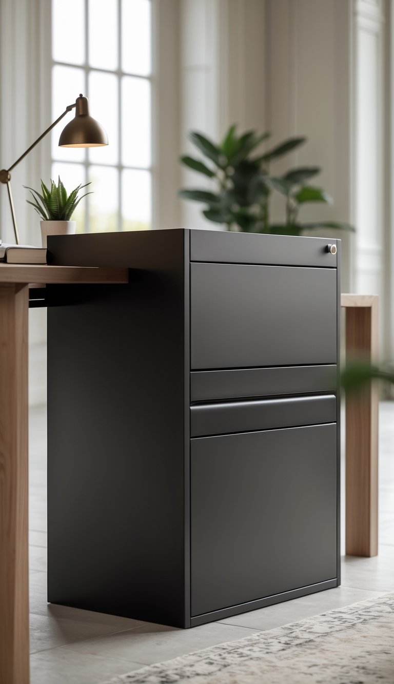 Matte black metal filing cabinet next to a wooden desk in a well-lit home office with plants and office supplies.