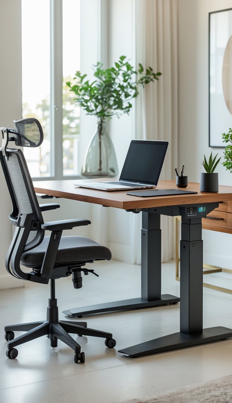 A modern ergonomic sit-stand desk in a home office with a chair, laptop, plant, and office accessories.