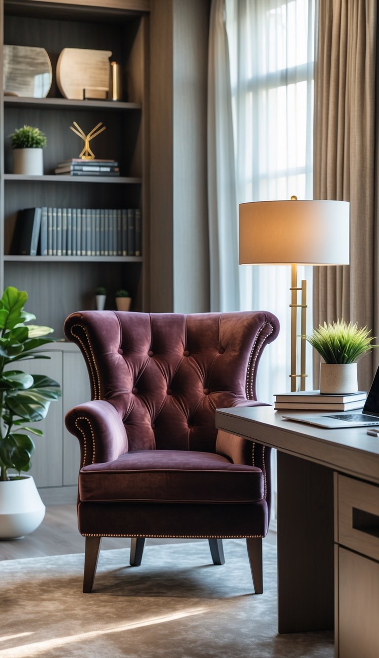 A velvet tufted armchair next to a wooden desk in a well-lit home office with bookshelves and office accessories.