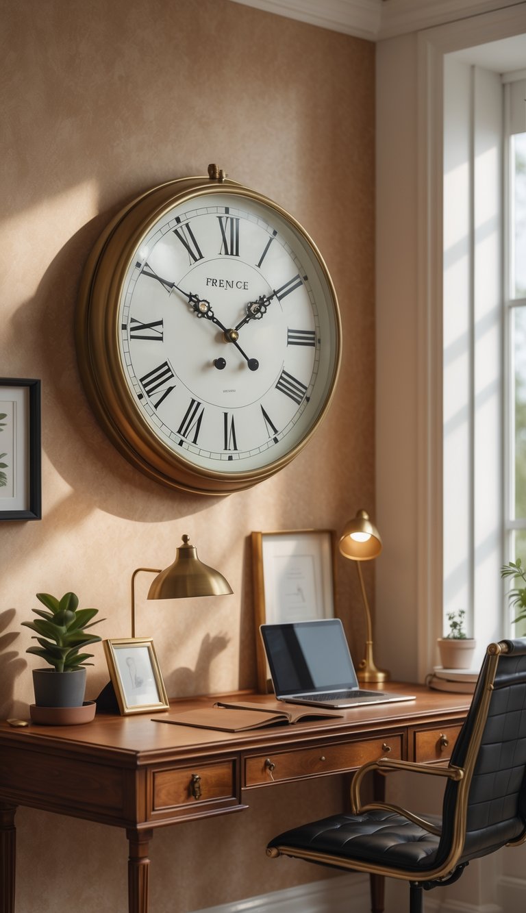 A classic wall clock on a warm-toned wall above a wooden desk with a laptop, notebook, lamp, and plant in a home office.