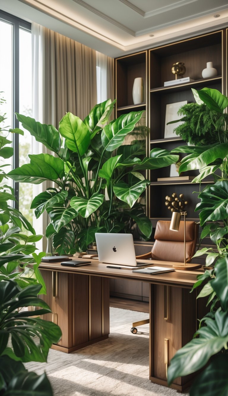 A home office with a wooden desk, laptop, and large leafy indoor plants near a window.
