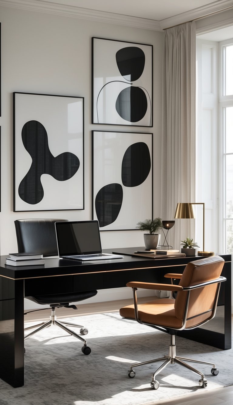 A stylish home office with a black desk, abstract black and white art prints on the walls, and natural light coming through large windows.