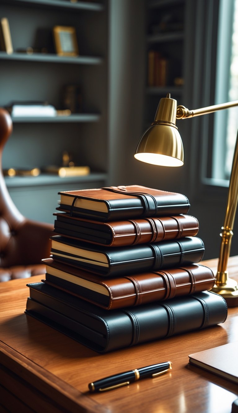 A desk with leather-bound journals, a fountain pen, and a brass lamp in a home office setting.