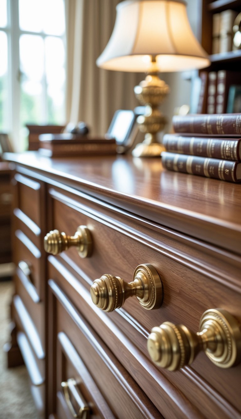 Close-up of custom brass drawer pulls on wooden drawers in a home office with a desk and books in the background.
