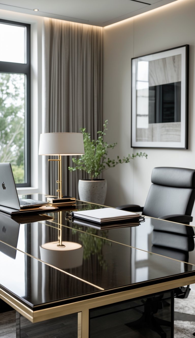 A luxurious home office with a high-gloss lacquer desk, modern chair, and natural light from a large window.