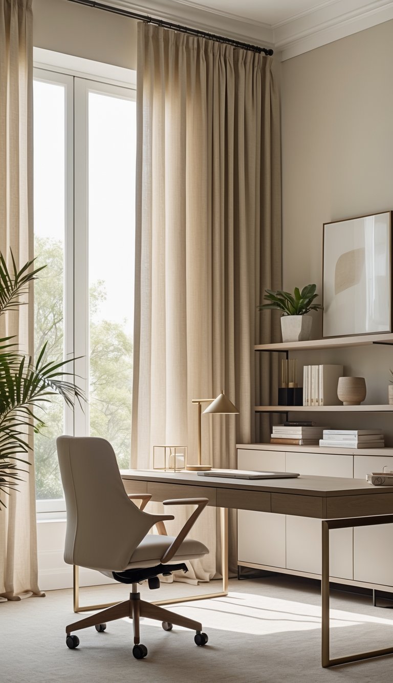 A home office with neutral linen curtains, a wooden desk, an ergonomic chair, and organized shelves in a softly lit room.