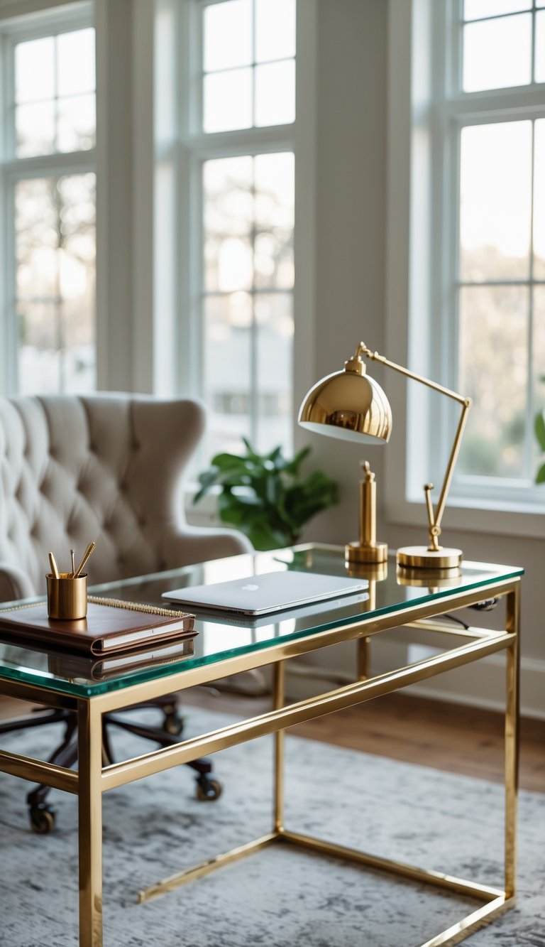 A home office with a glass top desk featuring gold trim, a laptop, desk lamp, notebook, and chair near large windows with natural light.