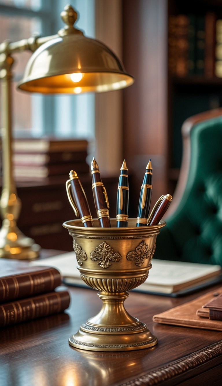 An antique brass pen holder with fountain pens on a wooden desk in a home office with books and a desk lamp in the background.