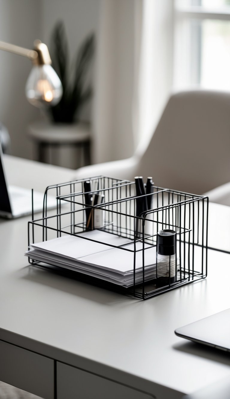 A minimalist wire desk organizer on a clean home office desk with a laptop and lamp in the background.