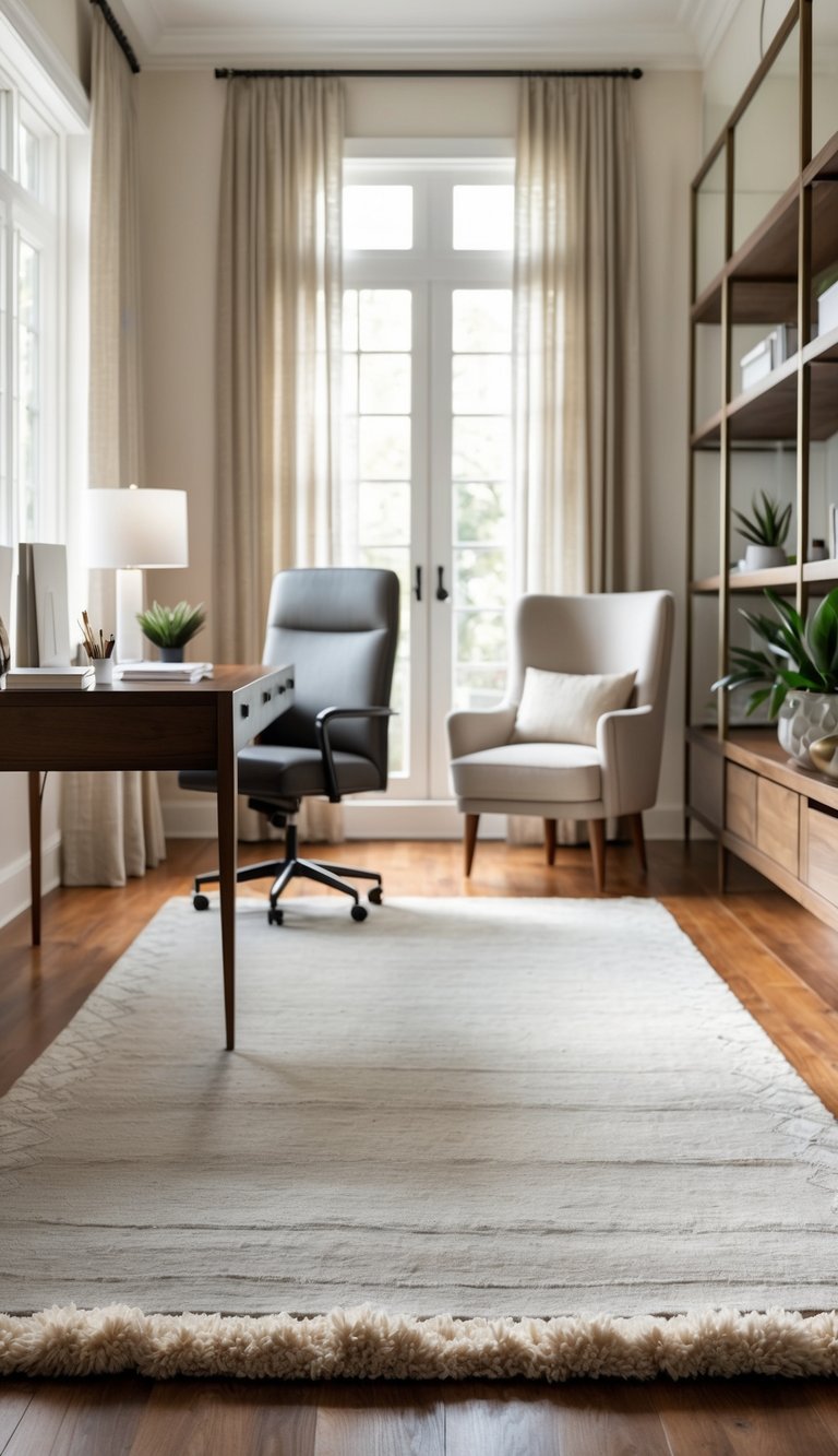 A home office with a soft neutral wool rug on the floor, a wooden desk, an ergonomic chair, shelves with decor, and natural light coming through large windows.