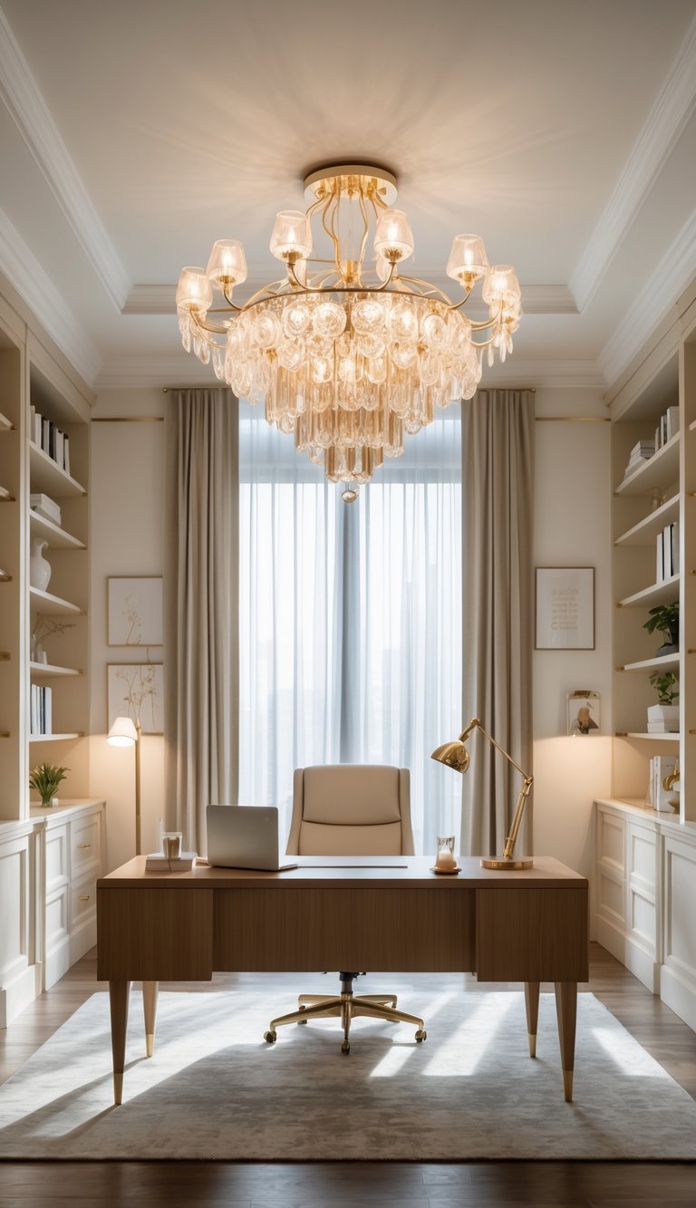 A luxurious home office with a large wooden desk, ergonomic chair, bookshelves, and a prominent chandelier lighting fixture in the ceiling.