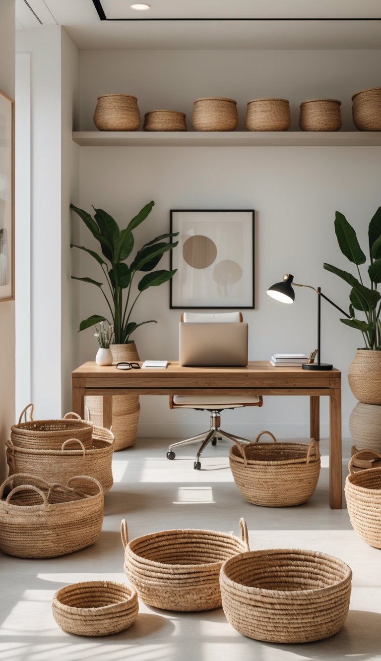 A home office with a wooden desk, laptop, and handwoven baskets used for storage on shelves and the floor.