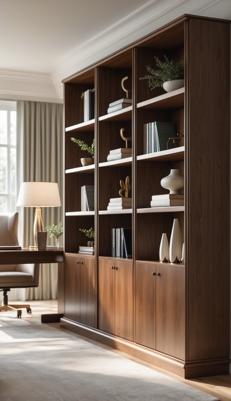 A solid wood bookcase with shelves holding books and decorative items in a home office with a desk and chair.