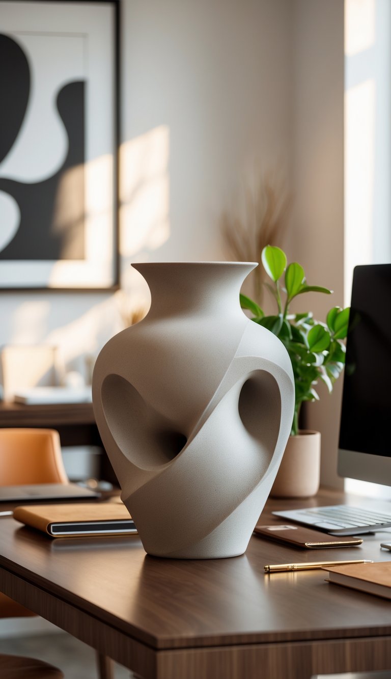 A sculptural ceramic vase on a wooden desk in a neat home office with a laptop, notebook, pen, plant, and bookshelf in the background.