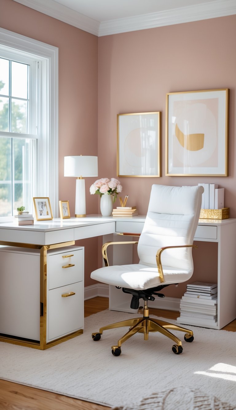 A home office with blush pink walls, a white desk and chair, gold accents, and natural light coming through a window.