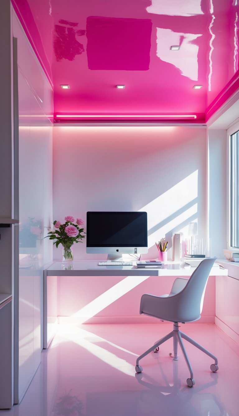 A bright home office with a glossy hot pink ceiling, white walls, a white desk with a computer, and a vase of flowers near large windows.