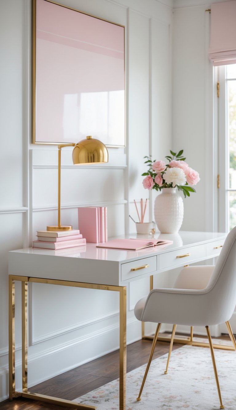 A white desk with gold handles in a home office, decorated with pink and white accessories, a lamp, books, flowers, and a white chair.