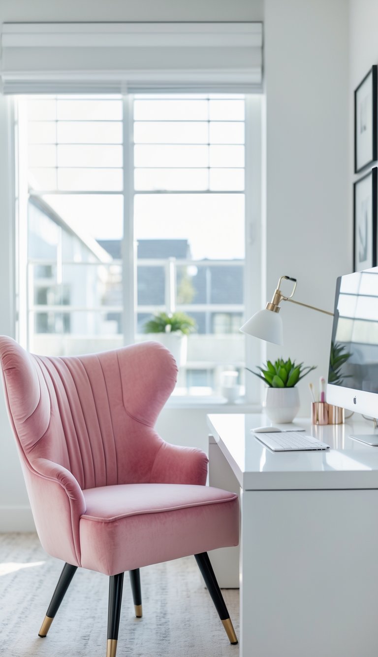 A bright home office with a pink velvet chair next to a white desk, decorated with a plant and a desk lamp.