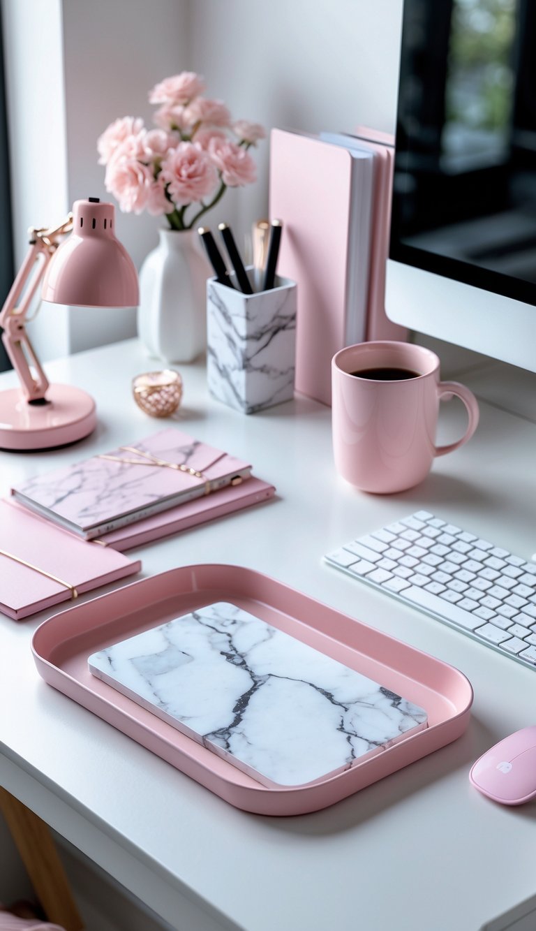 A white desk with marble-patterned accessories and pink office items arranged neatly in a home office setting.