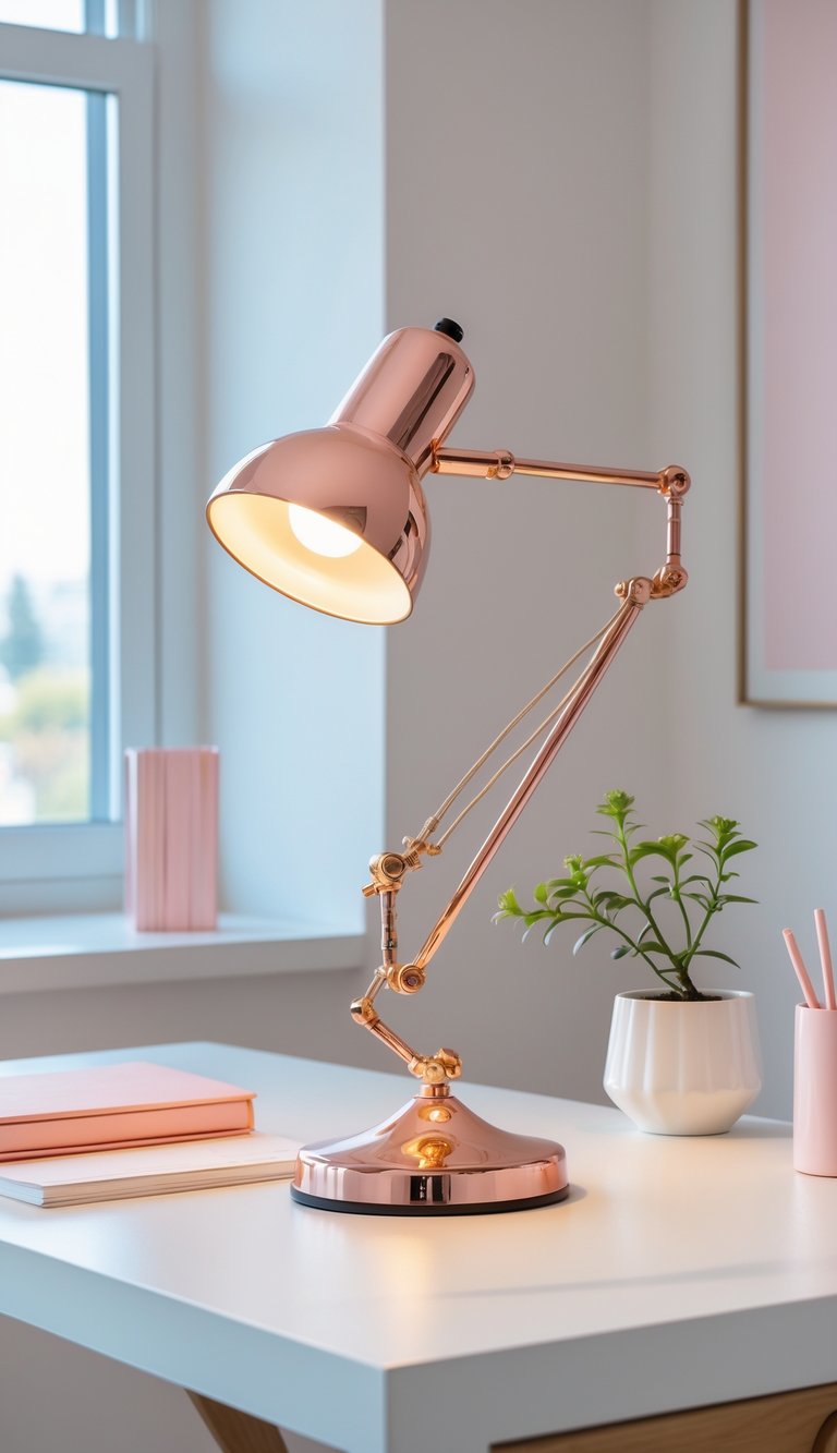 A rose gold desk lamp with an adjustable arm on a white desk surrounded by pink and white office accessories and a small plant.