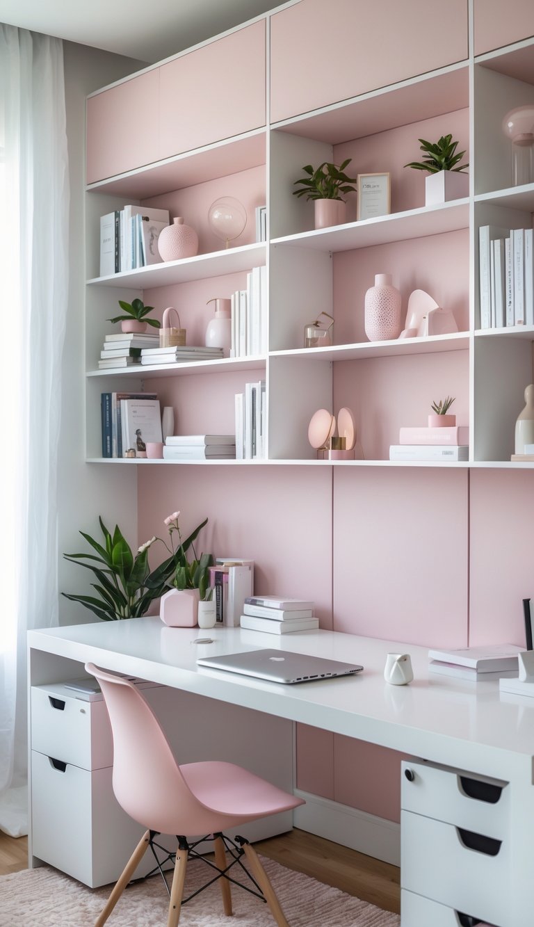A modern home office with white shelves featuring pink back panels, a white desk with a laptop, and decorative items arranged neatly.