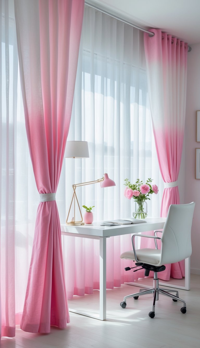 A bright home office with pink ombre curtains, a white desk, and a comfortable chair.