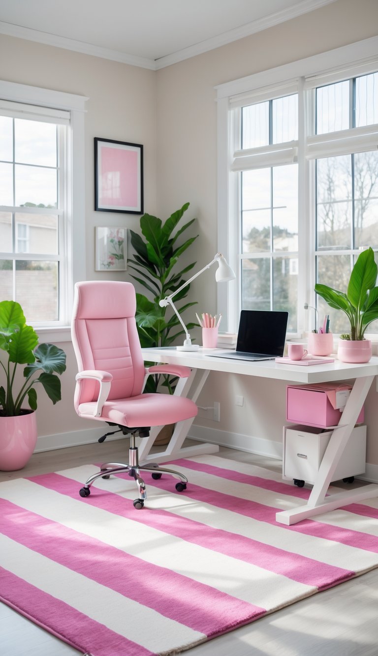 A bright home office with a pink and white striped rug, a white desk, pink chair, plants, and office supplies.