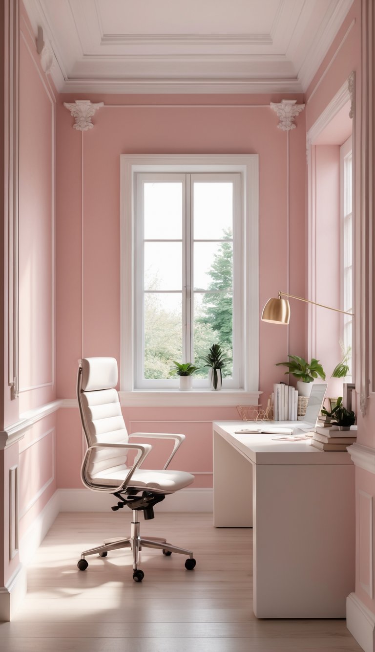 A home office with soft pink walls framed by white molding, featuring a white desk, chair, and natural light from a window.
